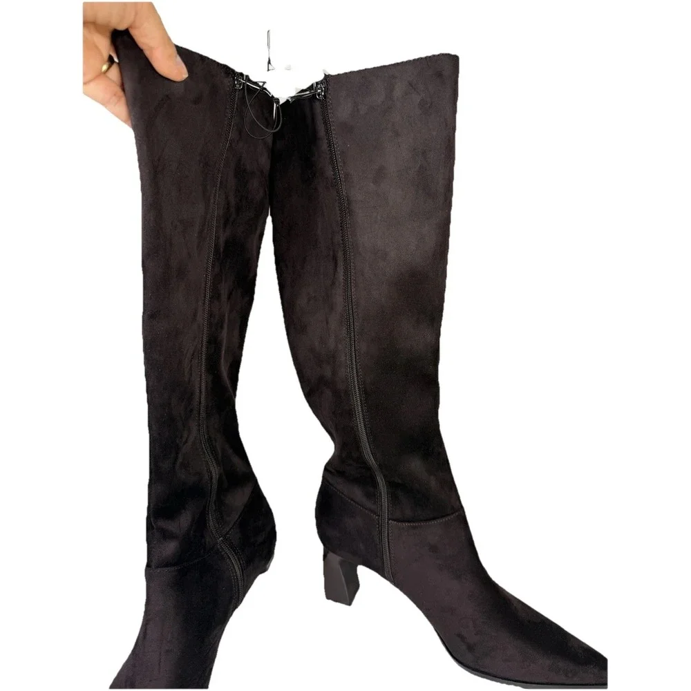DKNY Salem Boots Dark Brown Witchy Pointed‎ Toe Knee High Chunky Heeled Boots 10